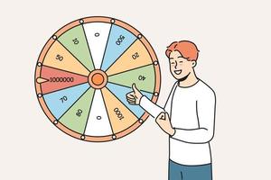 Overjoyed man near fortune wheel win money in lottery. Smiling guy excited with victory in game. Gambling and jackpot. Vector illustration.