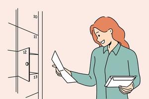 Smiling woman open mailbox reading correspondence. Happy female checking mail in house box. Vector illustration.