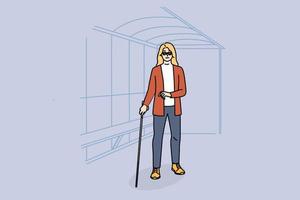 Blind woman with walking stick waiting on bus stop. Disabled female with cane wait for transport. Vector illustration.