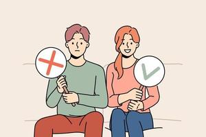 Couple sitting on couch showing yes and no signs. Man and woman feeling different emotions demonstrate various signs in hands. Vector illustration.