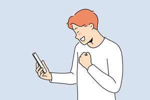 Overjoyed man look at cellphone screen read good message or text. Smiling guy celebrate online win or victory on smartphone. Vector illustration.