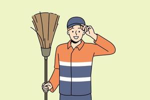 Smiling male janitor in uniform holding brush saluting. Happy man cleaner or swabber greeting with people. Occupation concept. Vector illustration.