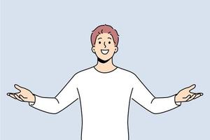 Excited man with open arms feel overjoyed enjoying success or win. Happy male celebrate victory feeling successful and fascinated. Vector illustration.