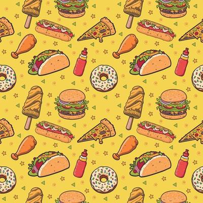 Seamless pattern of fast food. Barger, Taco, pizza, Donut, Ice cream, hot dog vector, on yellow background