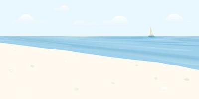 Tropical beach with blue sea and clear sky have yacth and at skyline vector illustration. Seascape and blue sky flat design background.