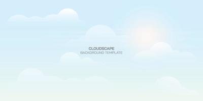 Blue sky with clouds and sunlight. Flat design background with shining sun and white fluffy clouds. Cloudscape bright weather in summer season. Sunny day sky scene cartoon vector illustration.