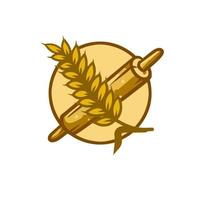 Logo of bakery. Golden ear of wheat and rolling pin. Preparation of dough and bread. Old retro emblem. vector