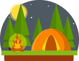 Yellow tent in the woods. Trip to nature. Outdoor activity. Camp and hike. Trees and night with moon. campfire and rest in forest. vector