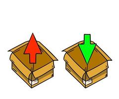 abierto caja. conjunto de cartulina contenedores un vacío paquete. paquete o empaquetar y correo. rojo y verde flecha para embalaje y desempacar esquema de acción. vector