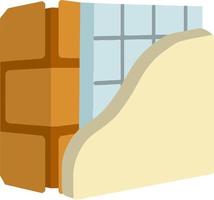 Red brick wall in isometry with layers of plaster and insulation. Material for home repair. Construction of buildings. Scheme of applying blue and yellow layer vector