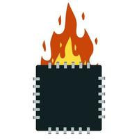 Computer chip. Fire and broken Digital chip. Burning Electronic part of the Board. Modern technology and processor. Flat cartoon illustration vector