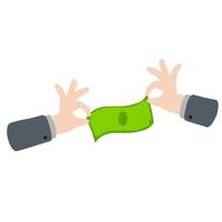 Hand holding or giving cash. Green money bill. Payment for product. Modern trendy flat cartoon. Money investments vector