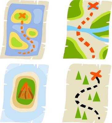 Treasure pirate map. Route with a red cross of the goal. The path and the road. Old paper sheet. Cartoon flat illustration