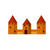 Medieval fortress with towers and walls. Trakai castle. Lithuanian tourist attraction. Old European city. Historical building of knight. Red house. Flat cartoon vector