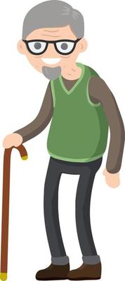 Funny old man with cane. Senior and Active Lifestyle, recreation grandfather. Cartoon flat illustration.