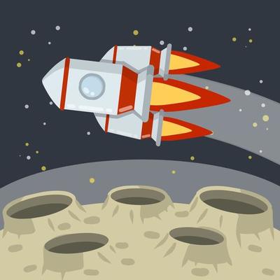 Landing and launching a rocket on the asteroid landscape. Stars and space flight. Moon. Lunar surface with craters and dust. Space planet