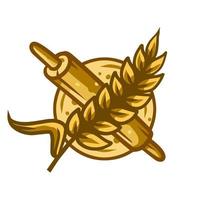 Logo of bakery. Golden ear of wheat and rolling pin. Preparation of dough and bread. Old retro emblem. vector