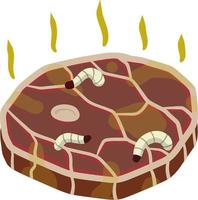 Rotten meat. Stinky food. Maggot worms. White insect caterpillars on meal. Health hazard. Cartoon flat illustration vector