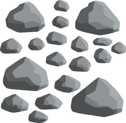 Natural wall stones and smooth and rounded grey rocks. Element of forests, mountains and caves with cobblestone. Cartoon flat illustration