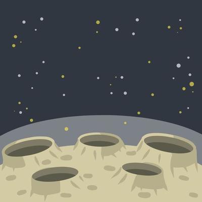 Moon. Lunar surface with craters and dust. Science and extraterrestrial landscape. Stars and space flight. Space planet orbiting the earth. Flat cartoon illustration