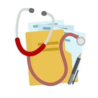 Set of medical objects. Paper file folder with diagnostics and analysis. Stethoscope for treatment and pen. Doctor tool. Hospital icon. Flat cartoon illustration vector