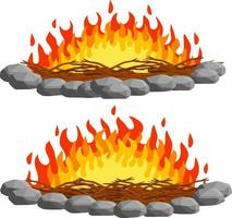 Red campfire. Orange flame. Tourist bonfire. Element of a hike. Heat and hot object. Fire lined with stones. Cartoon flat illustration vector