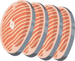 Piece of red salmon fish meat with pink stripe. Raw Seafood. Cut off part. Slices with grey skin. Kitchen and meal element. Cartoon illustration. Food for Cooking sushi vector