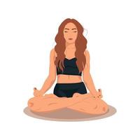 Young woman is doing yoga, practicing meditation and in the lotus position on the mat. Female character practices yoga and meditation.Faceless in beige and design room. without background vector