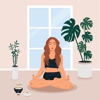 Young woman is doing yoga, practicing meditation and in the lotus position on the mat. Female character practices yoga and meditation.Faceless in beige and design room. vector
