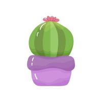 Cartoon potted houseplant - cute green cactus with blossom and spikes in a purple pot. Isolated on white background. vector