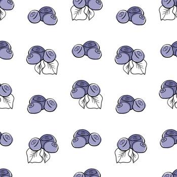 Seamless pattern with blueberries. Doodle hand drawn blueberries with leaves in a seamless pattern on a white background vector