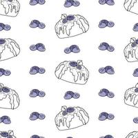 Seamless pattern with blueberry dessert. Doodle hand drawn blueberry cake with cream and berries in a seamless pattern on a white background vector