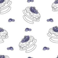 Seamless pattern with blueberry dessert. Doodle hand drawn blueberry cake with cream and berries on a cake stand in a seamless pattern on a white background vector