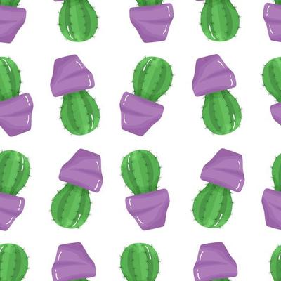 Seamless pattern with cartoon potted houseplant - cute green cactus with  spikes in a purple pot on white background.
