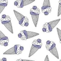 Seamless pattern with blueberry dessert. Doodle hand drawn blueberry ice cream in a cone with a berry in a seamless pattern on a white background vector