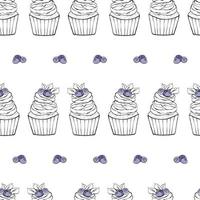Seamless pattern with blueberry dessert. Doodle hand drawn blueberry cupcake with cream and berries in a seamless pattern on a white background vector