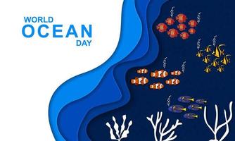 world ocean day salt water fish banner poster. Paper cut  underwater sea background vector. vector