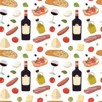 Italian food seamless pattern. Cartoon illustration with Italian cheese, meat, bread, tomatoes, and wine. Isolated on white background. vector