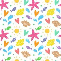 Seamless pattern with sea beach elements. Vector illustration, doodle style. Summer colorful background. Drawing of starfish and shells, fishes, splashes of water.