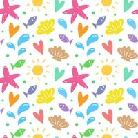 Seamless pattern with sea beach elements. Vector illustration, doodle style. Summer colorful background. Drawing of starfish and shells, fishes, splashes of water.