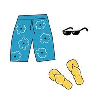 Set of beach wear for men and sunglasses. Vector illustration of summer shorts and rubber flip-flops. Hand drawn sketch doodle style.