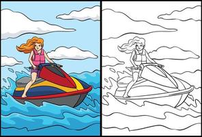 Jet Ski Coloring Page Colored Illustration vector