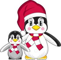 linda dibujos animados pingüino en Papa Noel sombrero y bufanda con bebé ilustración vector