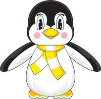 linda dibujos animados pingüino personaje en amarillo a rayas bufanda ilustración vector