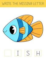 Write the missing letter is an educational game for kids with cute fish. Cute cartoon fish. Practicing English alphabet. vector