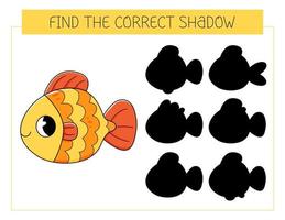 Find the correct shadow game with goldfish. Educational game for children. Cute cartoon fish. Shadow matching game vector