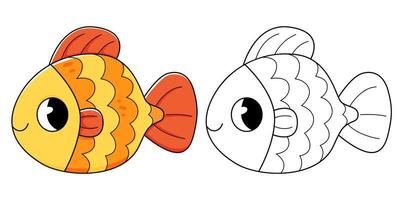 Goldfish coloring book with coloring example for kids. Coloring page with fish. Monochrome and color version. children's illustration vector