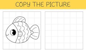 Copy the picture is an educational game for kids with goldfish. Cute cartoon fish coloring book. vector