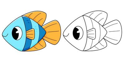 Fish coloring book with coloring example for kids. Coloring page with blue fish. Monochrome and color version. children's illustration vector