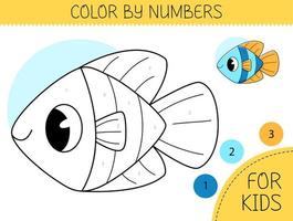 Color by numbers coloring page for kids with cute fish. Coloring book with cartoon fish with an example for coloring. Monochrome and color versions. vector